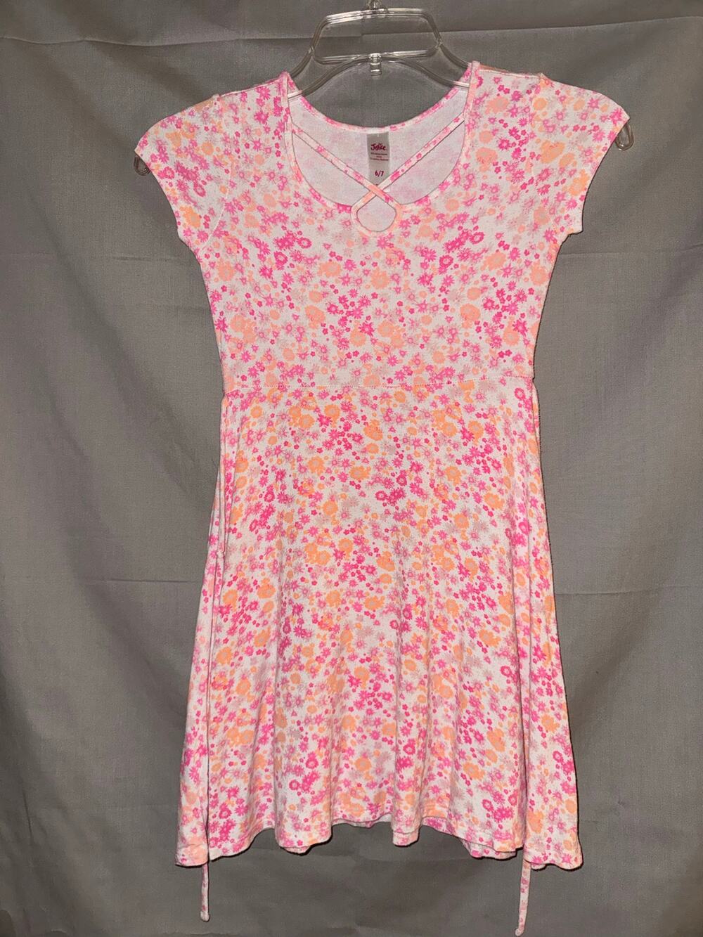 Justice Girls Pink Floral Fit & Flare Dress Short Sleeve Ring Detail, Size 6/7